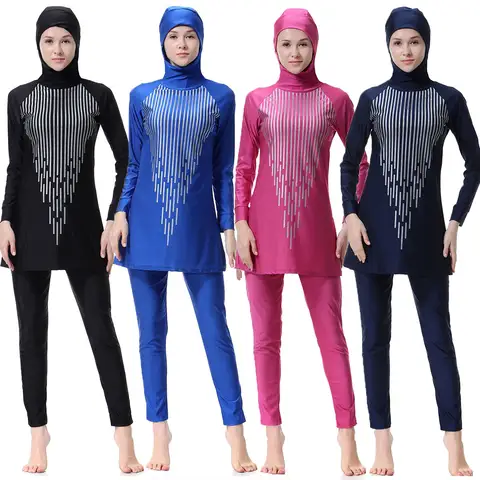 S-3XL 이슬람 여성 수영복 Burkini 겸손한 전체 커버 까마귀 2 피스 인쇄 이슬람 수영복 솔리드 컬러 빠른 건조