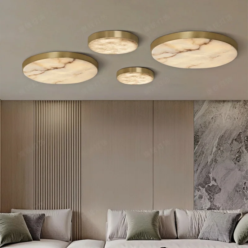 2025 New Nordic Copper Marble Chandelier Ceiling Light, Dimmable Round Brass Lamp for Mall, Stylish Fixture for Ceilings