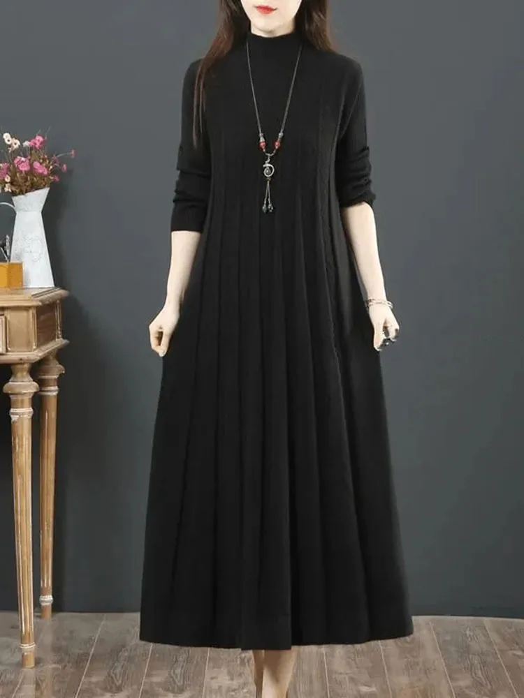 Vestido coreano de suéter feminino, pulôveres comprido, gola meia alta, cor sólida, elegante, macio, quente, solto, malha, outono, inverno