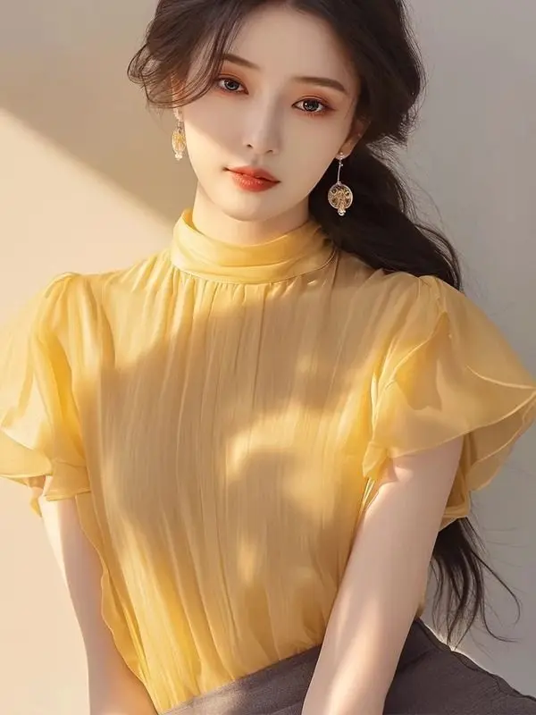 Yellow Blouse Women Fashion Elegant Office Shirt Korean Style Summer Short Sleeve Tops New