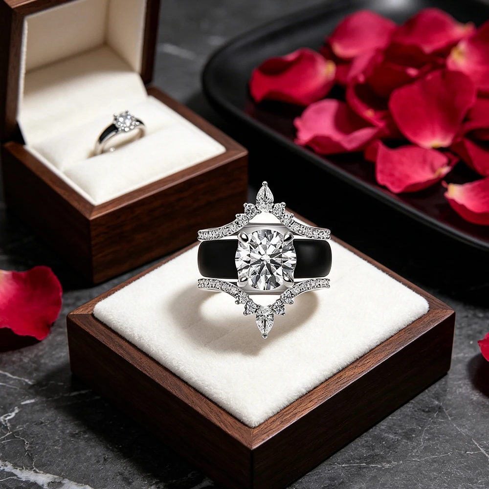 3pcs Pear Shaped Diamond Simulant Crown Ring Black Silicone Stackable Bridal Engagement Wedding Band Set for Her
