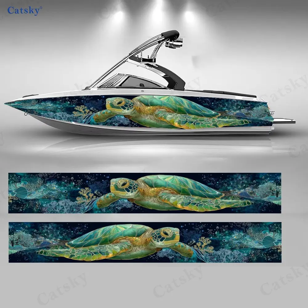 Deep Blue Water Ripple Sea Turtle Boat Stickers, PVC Waterproof Vinyl Wrap Decals for Fishing Boats, Durable and Stylish Design
