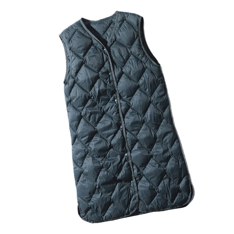 Colete longo ultraleve de pato feminino, jaqueta branca sem mangas, gola em v, argyle, moda outono, inverno, top, escola, novo, 2023