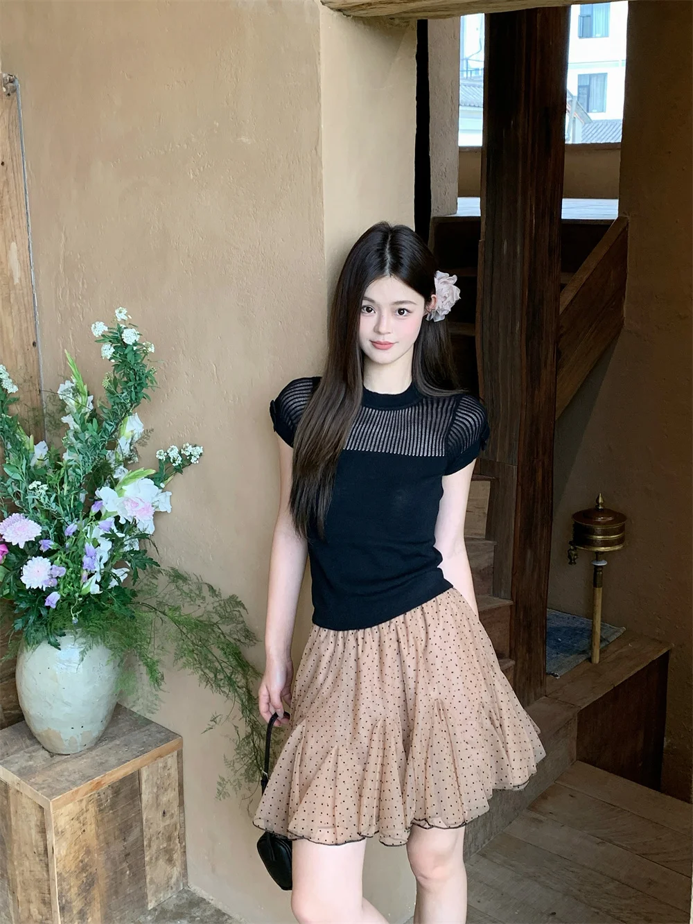 

Kumikumi Design Black Hollow Short Sleeve Knitted Top Women's Summer Polka Dot Skirt Two-Piece Set High Waist round Dot