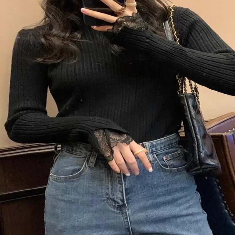 Suéter ajustado con cuello semialto para mujer, capa Base elegante, diseño de otoño e invierno, Tops tejidos con cuello medio, jersey de encaje a la moda