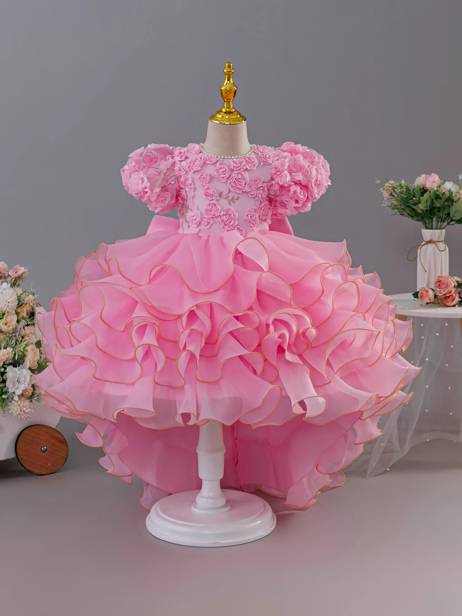 

3D Rose Appliques, Puff Sleeves, Ruffled Skirt, High-Low Train Princess Gown for Wedding, Pageant, Birthday & Formal Occasion