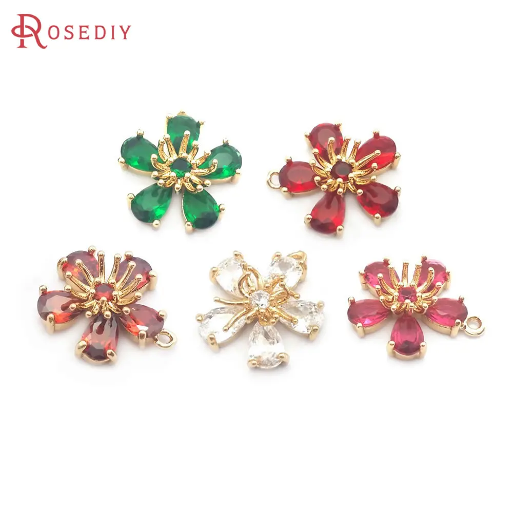 

6PCS 14MM 18K Gold Color Brass and Glass Plum Flower Charms Pendants Jewelry Making High Quality Diy Findings Accessories