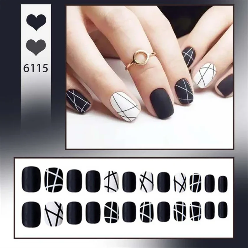 

24Ps/Set Handmade Classic Hundred Fake Nails Tips Black and White Line Design Press on Nail Removable French Wearing False Nails