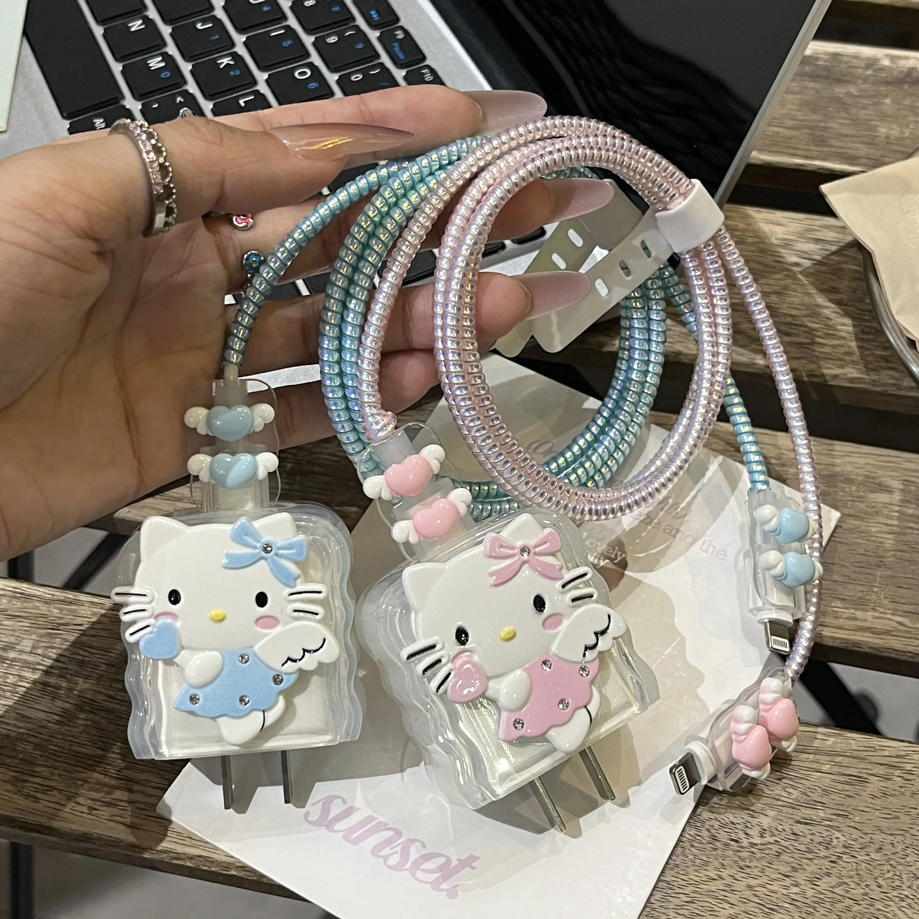 

Cute Cartoon And Bling Wobble KT Data Cable Protective Cover for IPhone 20W Kawaii Charging Head Protection Sleeve Bag