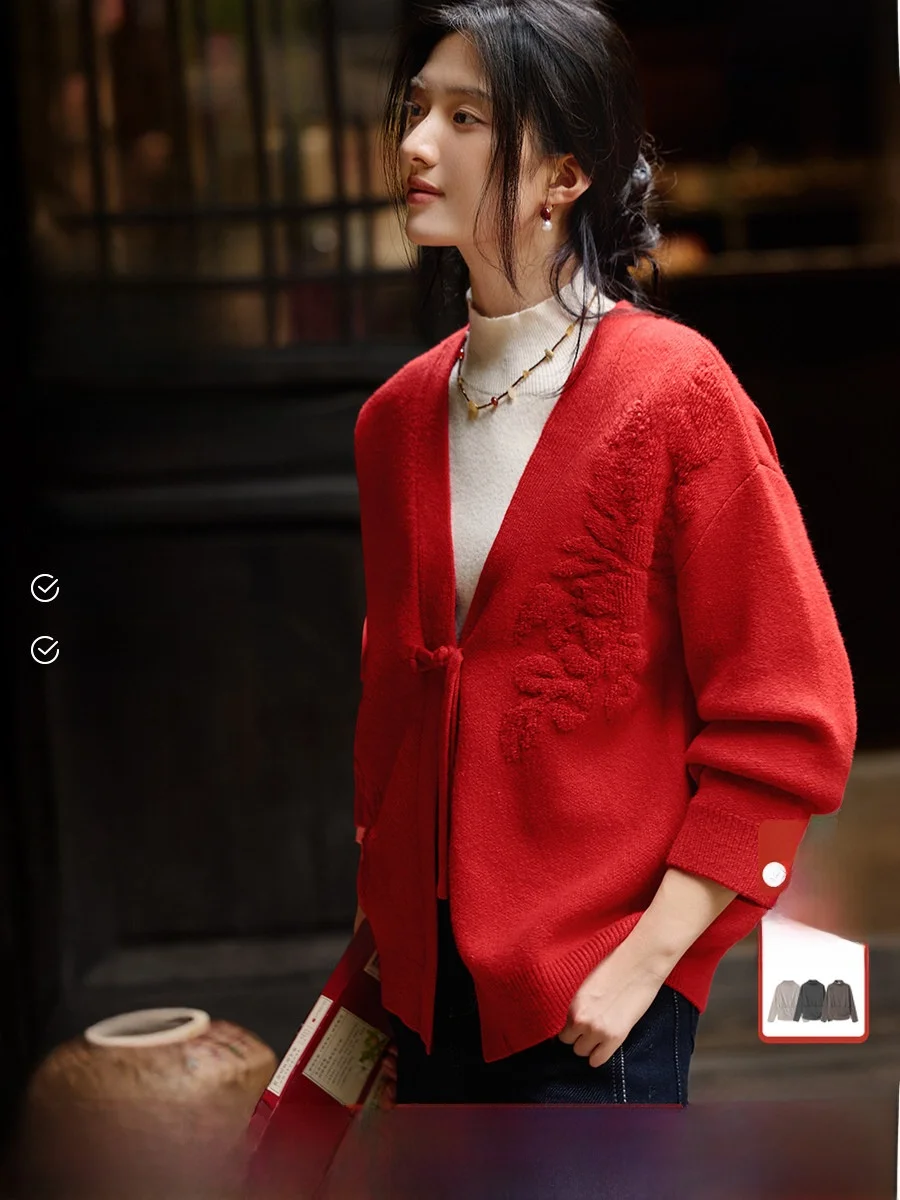 

Ele Knitted Velvet Floral Embroidery Open Cardigan Women's Winter New Year Red Design Sense Top Warm Long Sve V-Ne