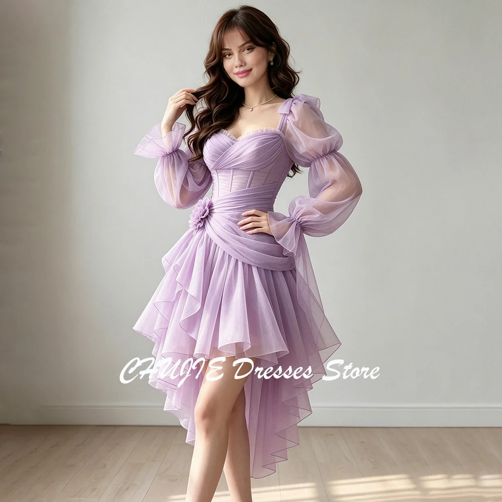 High Low Customized Homecoming Dress For Teen Lomg Sleeves Mini Graduation Dress With Flower Sweet 15 16 Evening Prom Party Gown