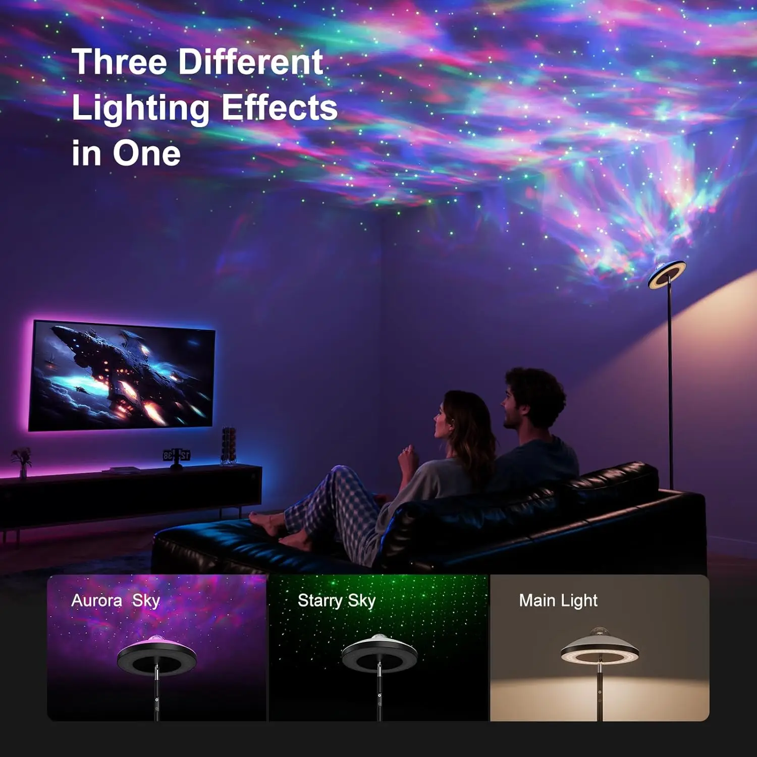 مصباح أرضي مع جهاز عرض RGB Star، 15 وات 1400 لومن قابل للتعتيم 4 درجات حرارة LED، جهاز تحكم عن بعد، زاوية سوداء حديثة La