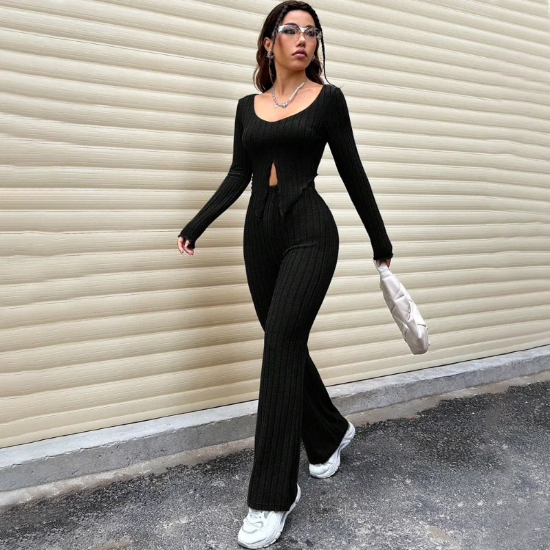 

2025 NEW Women's Long Sleeve Pure Color T-Shirt And Pants Set with Slit Design Cross-Border Fashion Outfit Elegant Simple Style