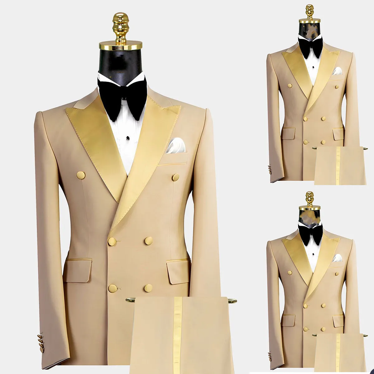 Gold Men Suits 2 Pieces Blazer Pure Pants Double Breasted Tuxedo Modern SatinWide Lapel Wedding Formal Work Prom Causal Tailored