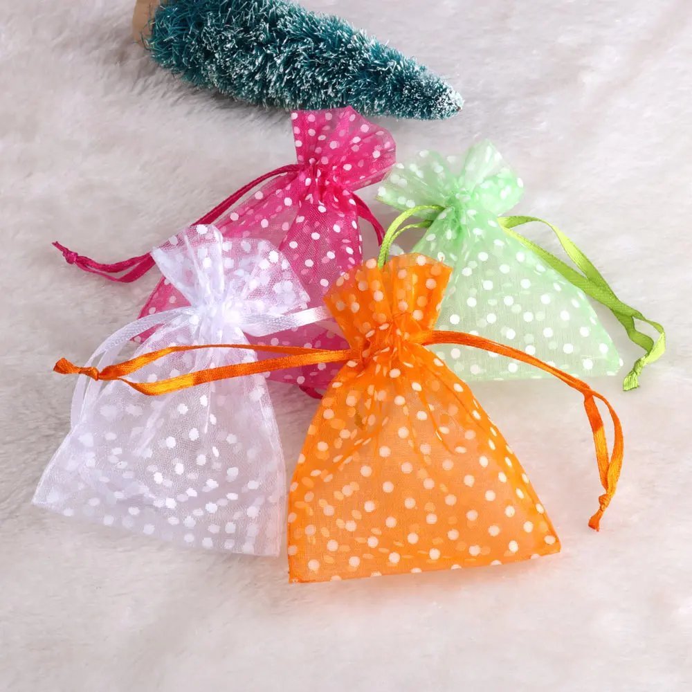 25pcs/lot Organza Candy Bag Hight Qulity Polka Dot Drawstring Pouches For Wedding Christmas Party Jewelry Packing Gift Bags