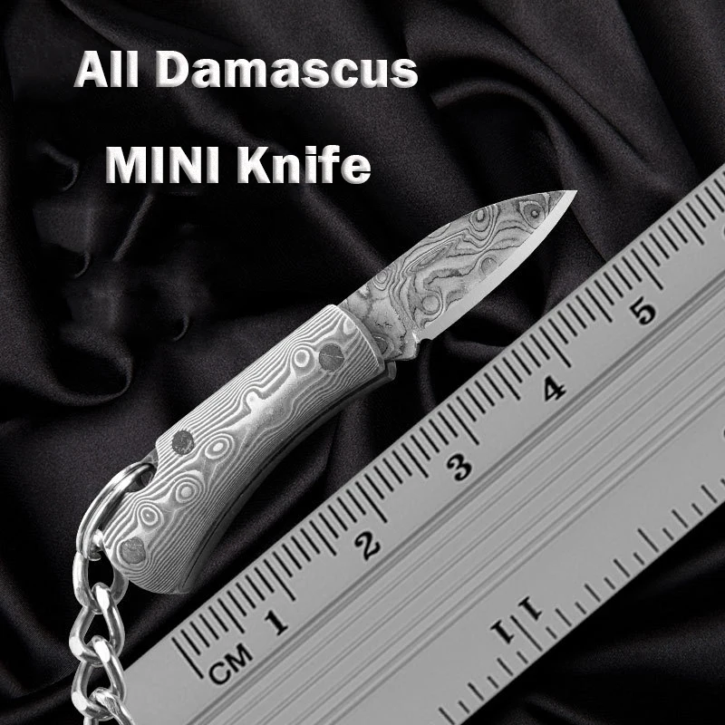 All Damascus Mini Folding Knife Pendant Acrylic Wood Keychains Sharp Small Blade Portable Hanging Outdoor Camping Unboxing Knife