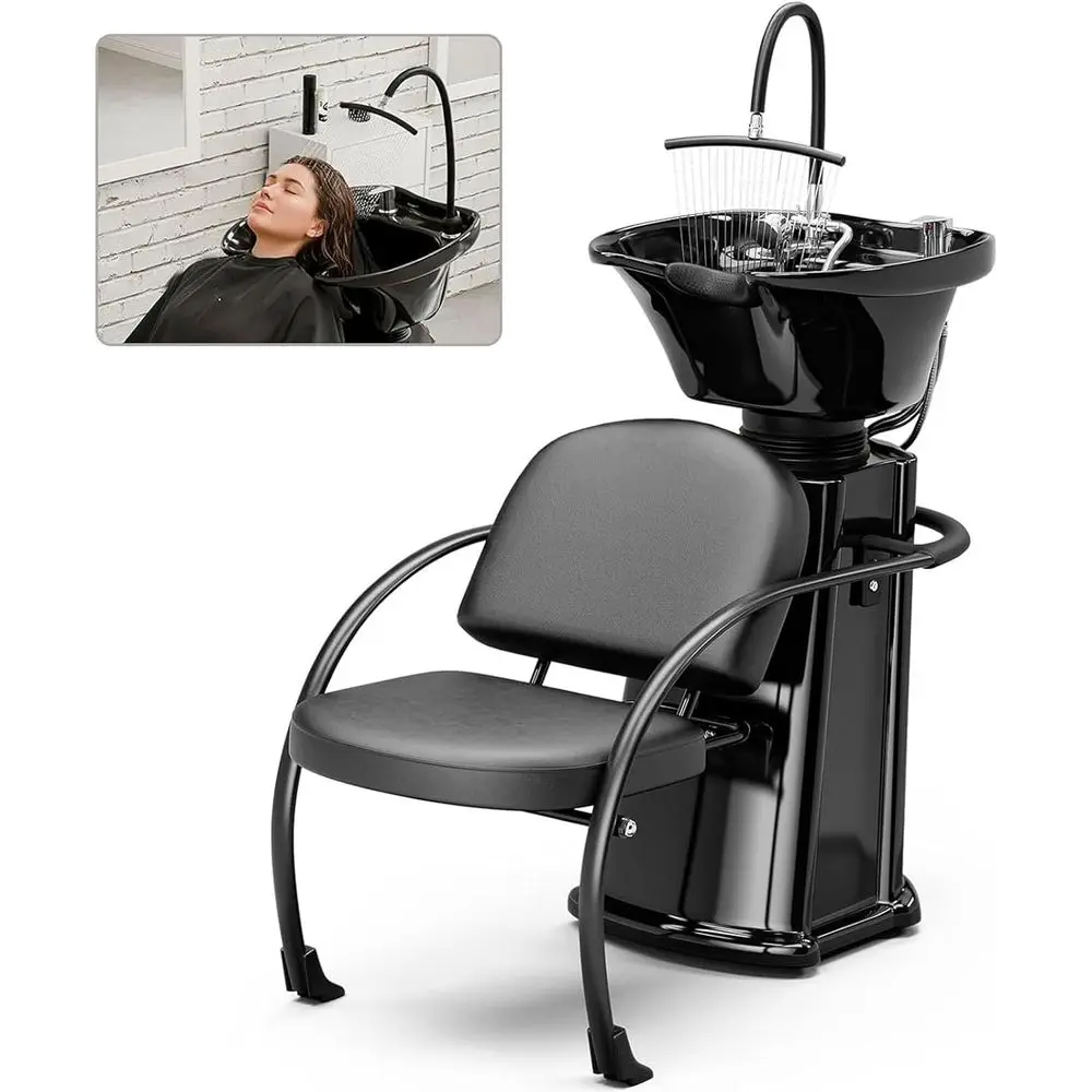 

Shampoo Bowl and Chair Set w/Waterfall Sprayer, Hair Washing Station for Salons, Tilting ABS Plastic Sink w/Neck Rest for Hair S