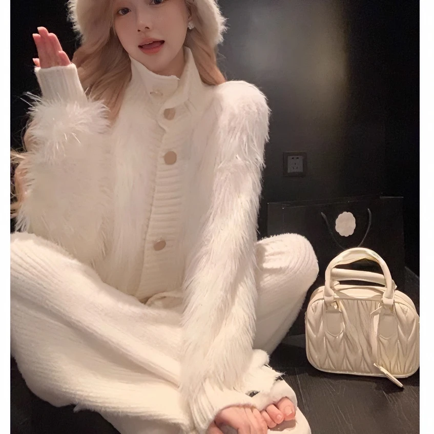 Mohair Mink Cashmere Sueters De Mujer Temperament Sweater Women High Neck White Cardigans Style Autumn Knit Jacket Top