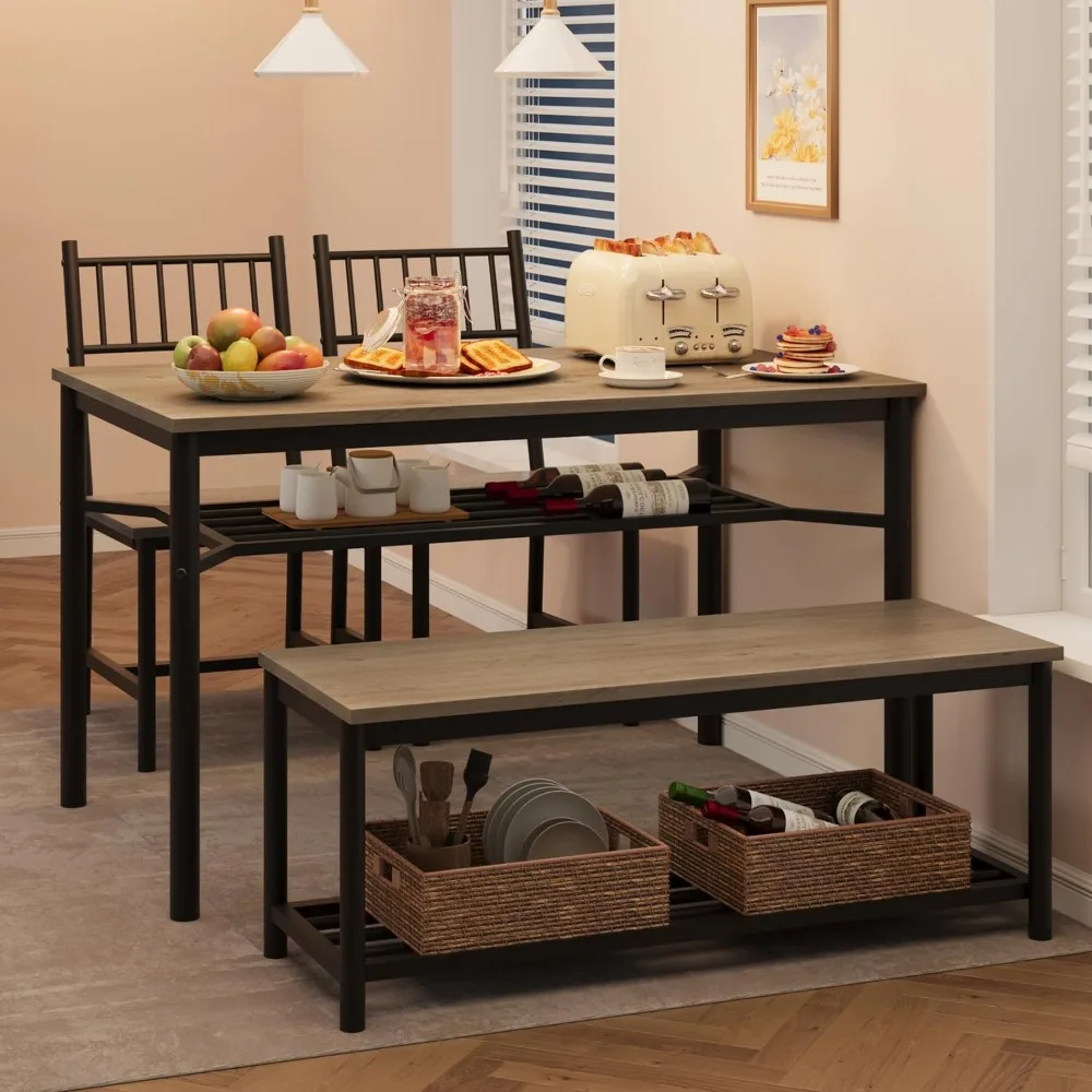 

Dining Table Set for 4 with Bench and 2 Chairs, Rectangular Kitchen Table Set with Wine Rack, Dining Room Table Set for 4 with