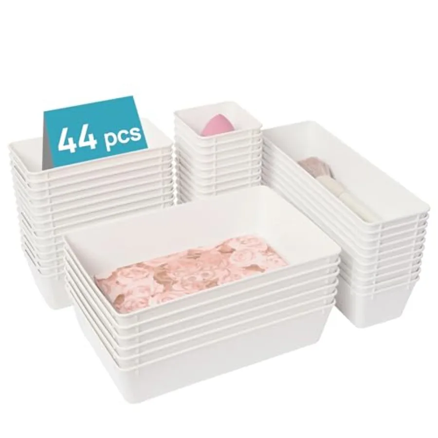 

Набор из 44 пластиковых органайзеров для ящиков, 4 размера, универсальные подносы для ванной и туалетного столика, нескользящие контейнеры для хранения косметики