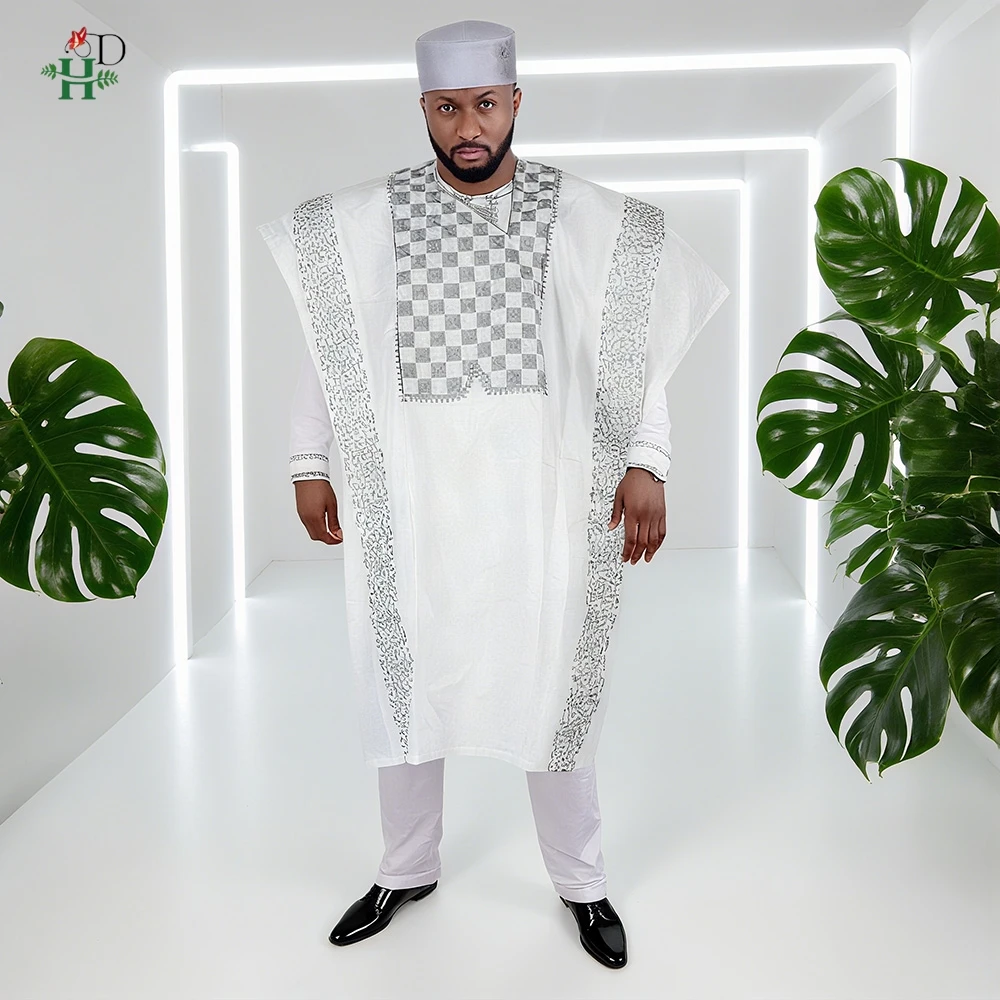 

2025 New In African Summer Men's Long Sleeve Suit White Embroidery Dashiki Shirt Pants Sets 3 Pieces Outfits Wedding Party Thobe
