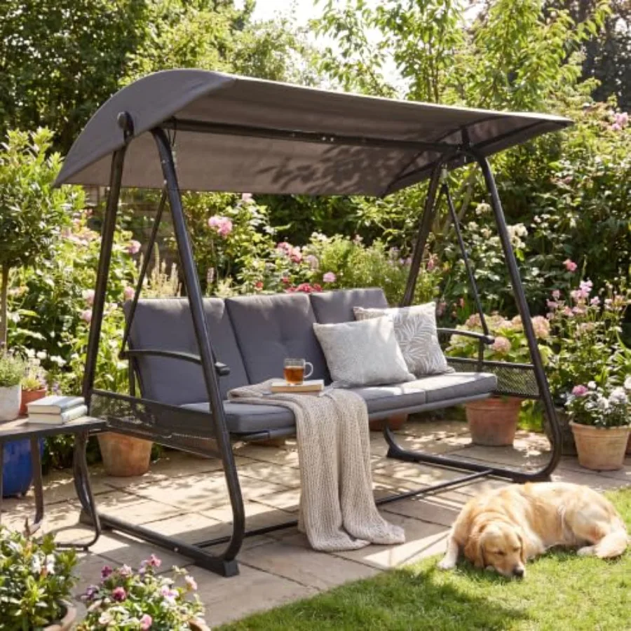 3-Seat Outdoor Patio Swing Chair, Convertible Flatbed Swing with Adjustable Canopy, Heavy-Duty Triangular Frame Porch Swing wit