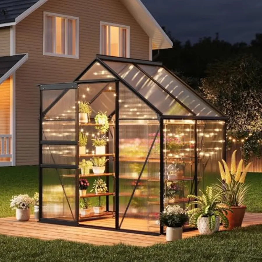 6x4 Feet Polycarbonate Greenhouse with Sliding Door, Adjustable Roof Vent, and Rain Gutter, Walk-in Greenhouse for Outdoor Gard