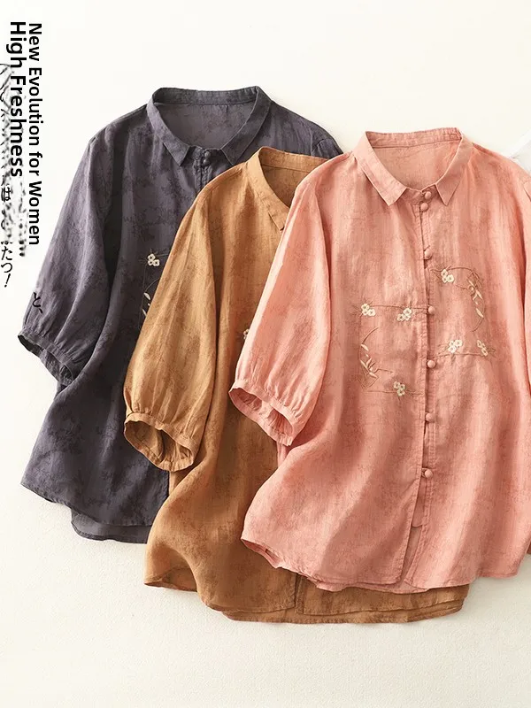 เสื้อคลุมคาร์ดิแกนผ้าฝ้ายลินินพิมพ์ลายปัก  ไซส์ใหญ่  สำหรับผู้หญิง  กระดุมเดี่ยว  ปกเปิด  แขนห้าส่วน  ใส่สบายๆ  สำหรับฤดูร้อน