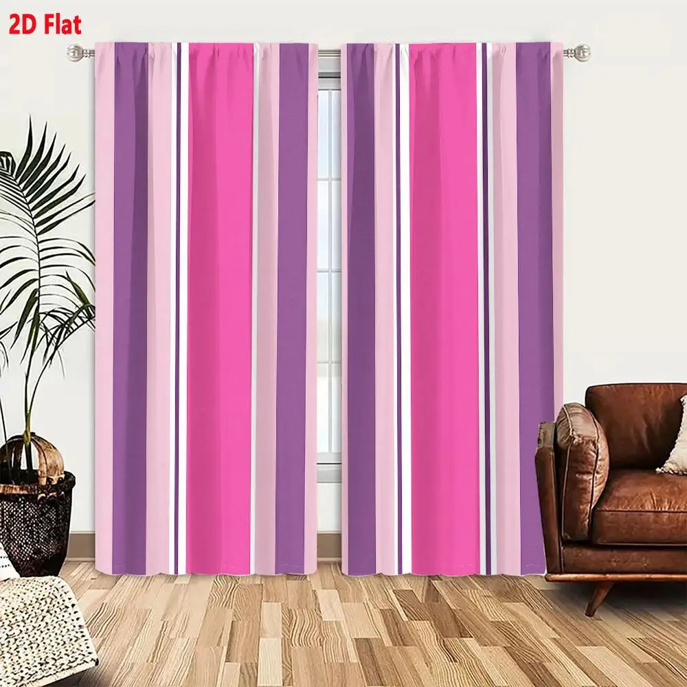 

2PC Vertical Stripe Curtains – Pink, Purple & White Gradient Stripes, Rod Pocket, 3D Flat for Living Room & Bedroom