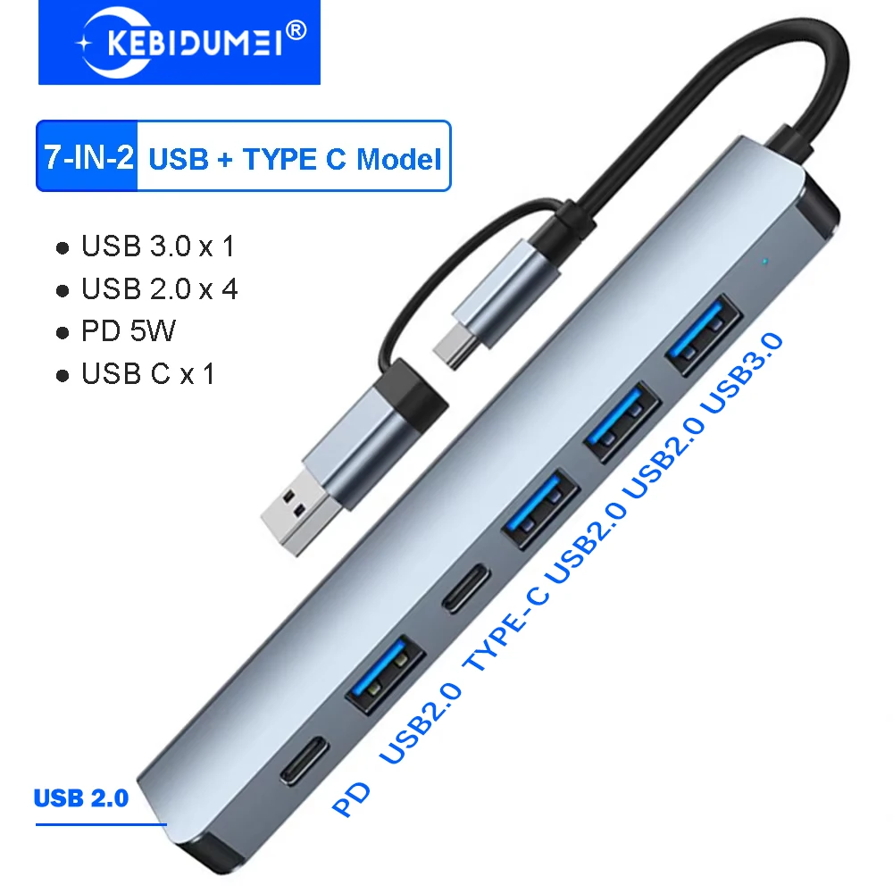 KEBIDUMEI Double Head 7 Ports USB 3.0 Hubs 5Gbps Trasfer USB C Docking Station OTG Adapter Type C to USB 3.0 Hub For PC Laptop