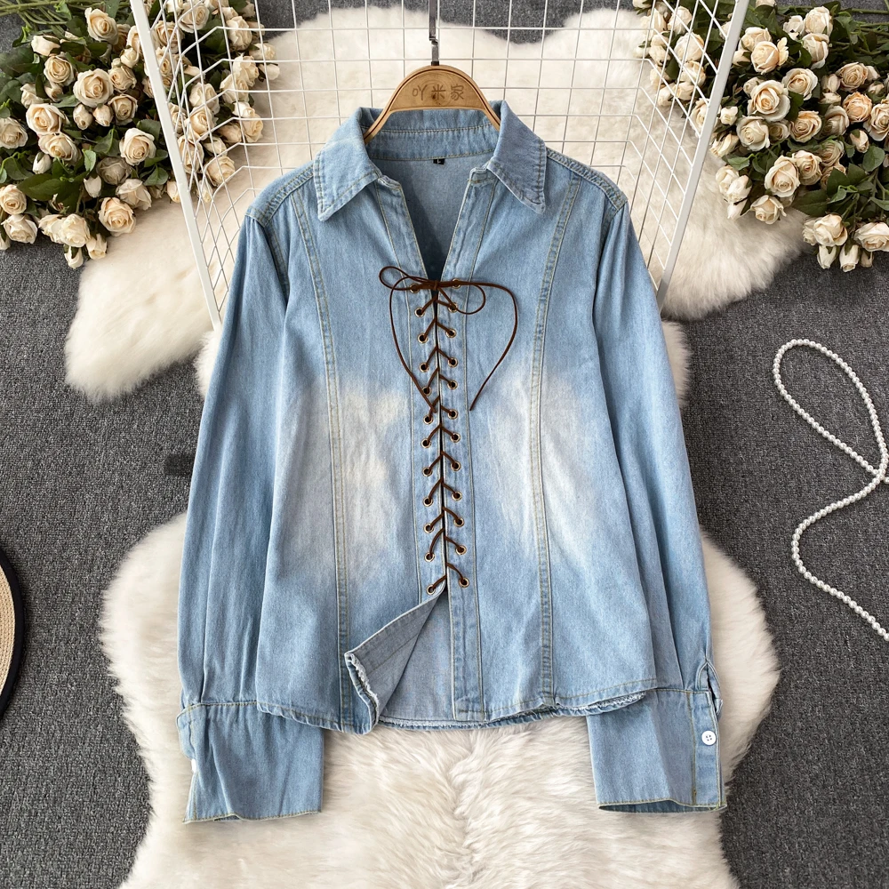 

Designer Denim T-Shirt for Women Lace-up V-neck Loose Lapel Pullover Jean Blouses Female Fashion Casual Tops Shirts