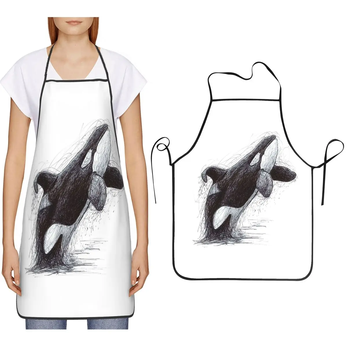 Ulises The Orca Killer Whale Scribble Aprons Chef Cooking Cuisine Tablier Bib Kitchen Cleaning Pinafore for Women Men Gardening
