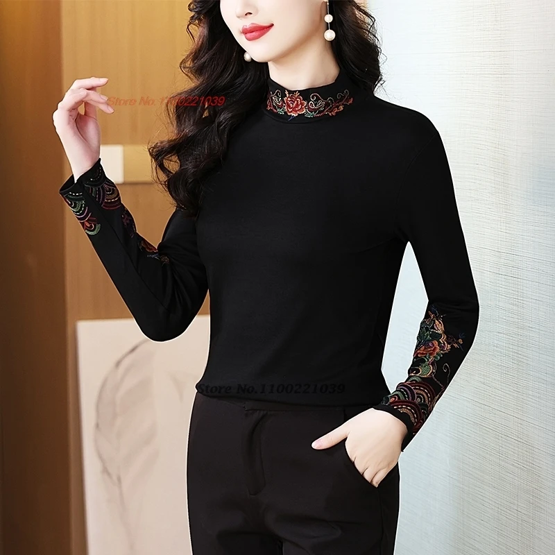 قميص صيني عتيق لعام 2025 قميص شعبي مطرز بالزهور الوطنية وياقة واقفة قميص قاعدة مبطن بالصوف التقليدي الشرقي