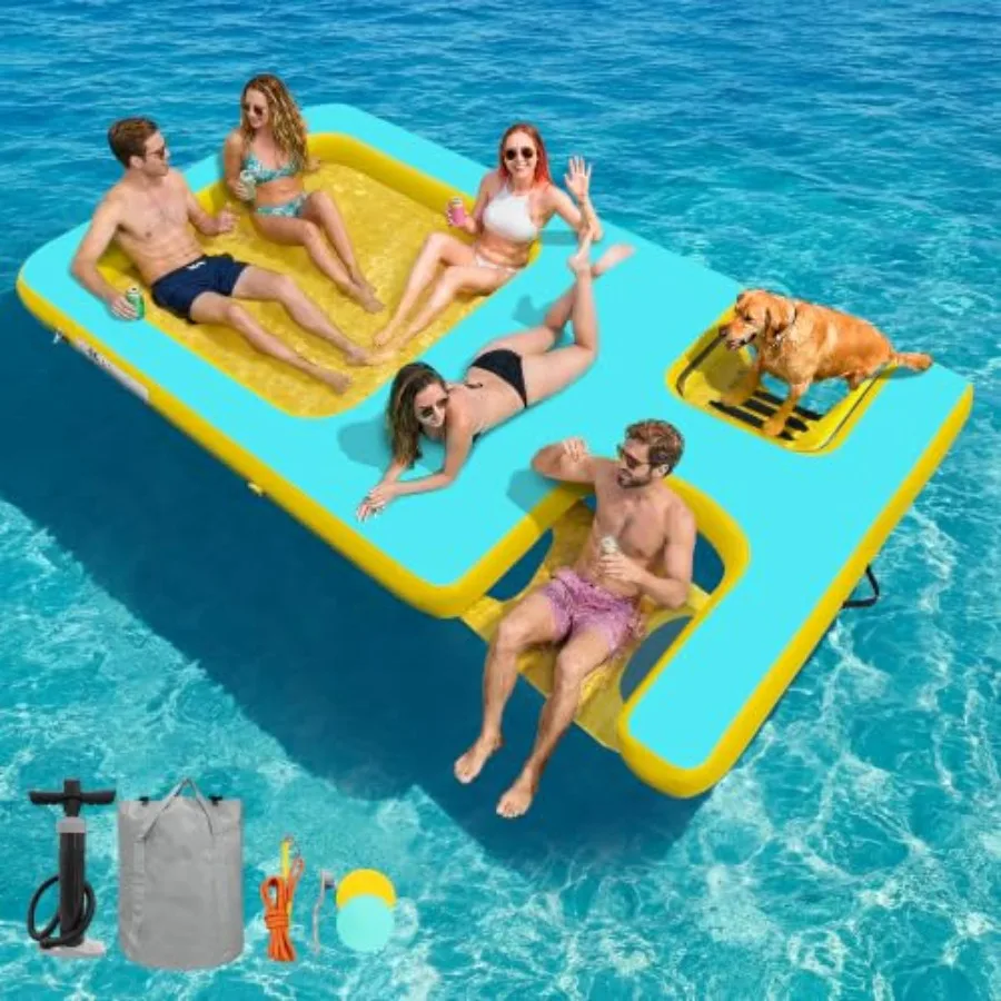 Inflatable Floating Dock for lake river ocean parties, PVC mesh platform in blue, ultra-stable with water ramp ladder hammock s