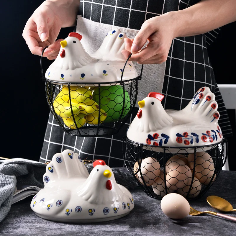 

Creative Iron Storage Box Kitchen Clutter Basket Ceramic Chicken Design Egg Container Case Garlic Ginger Organizer