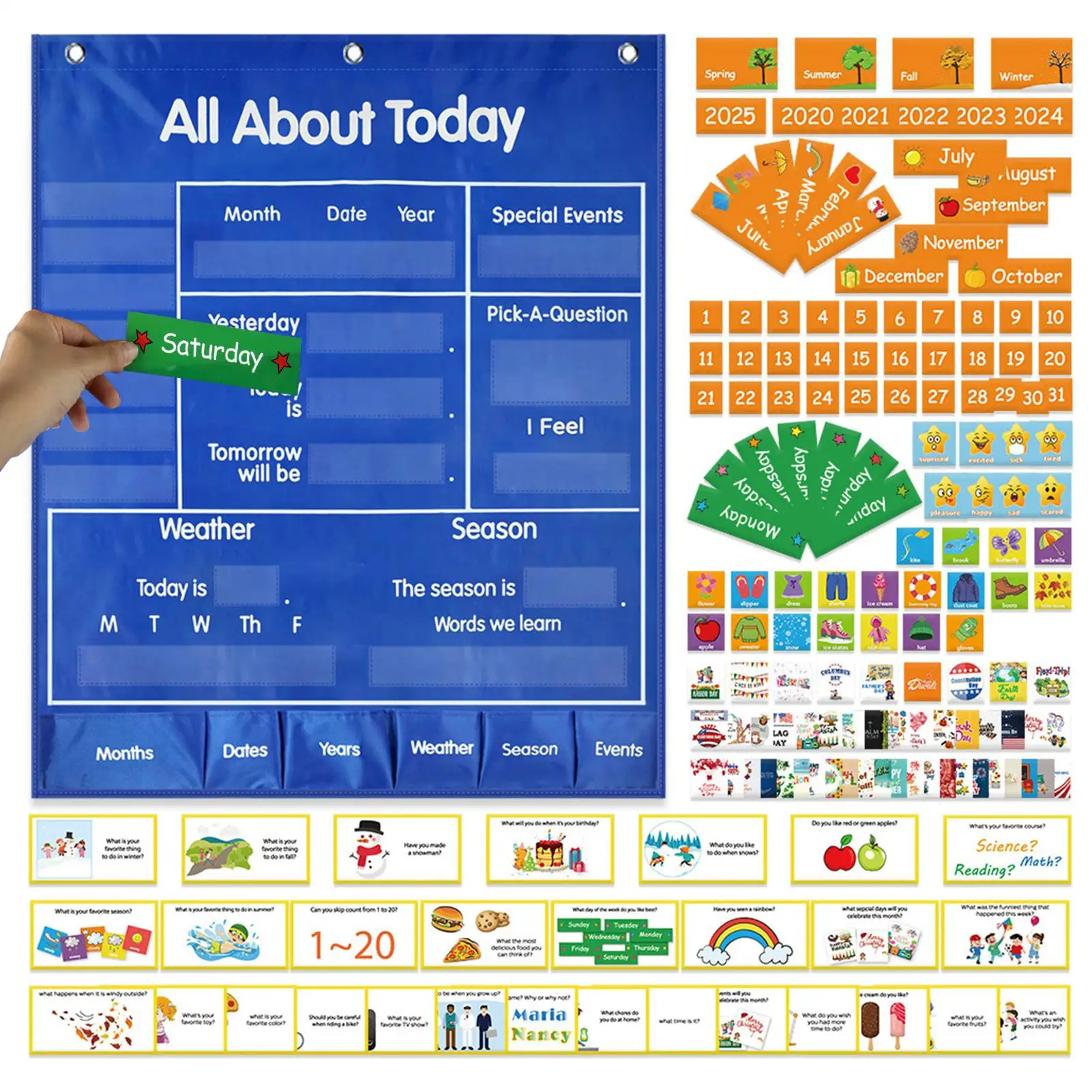 Gráfico de bolso para sala de aula, calendário grande, gráfico de bolso, jogos educativos, atividades de aprendizagem pré-escolar para crianças