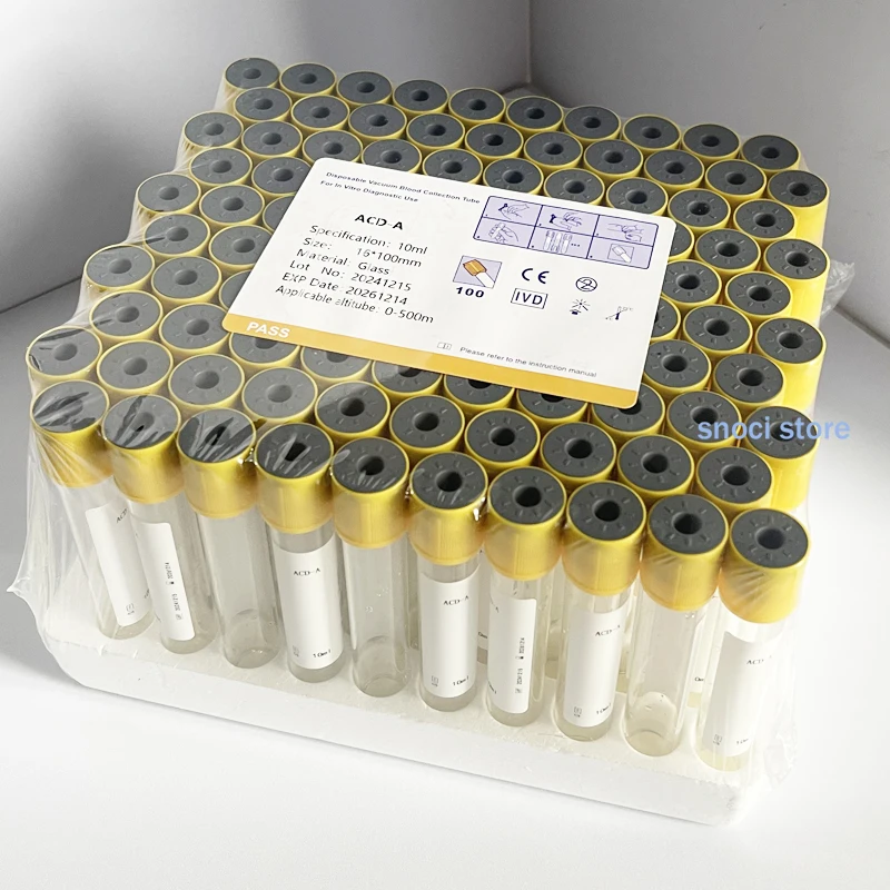 Disposable 10ml Vacuum Collection Tube Lab sampling Collecting Tube yellow cap ACD tube，glass tube，100Pcs/Pack