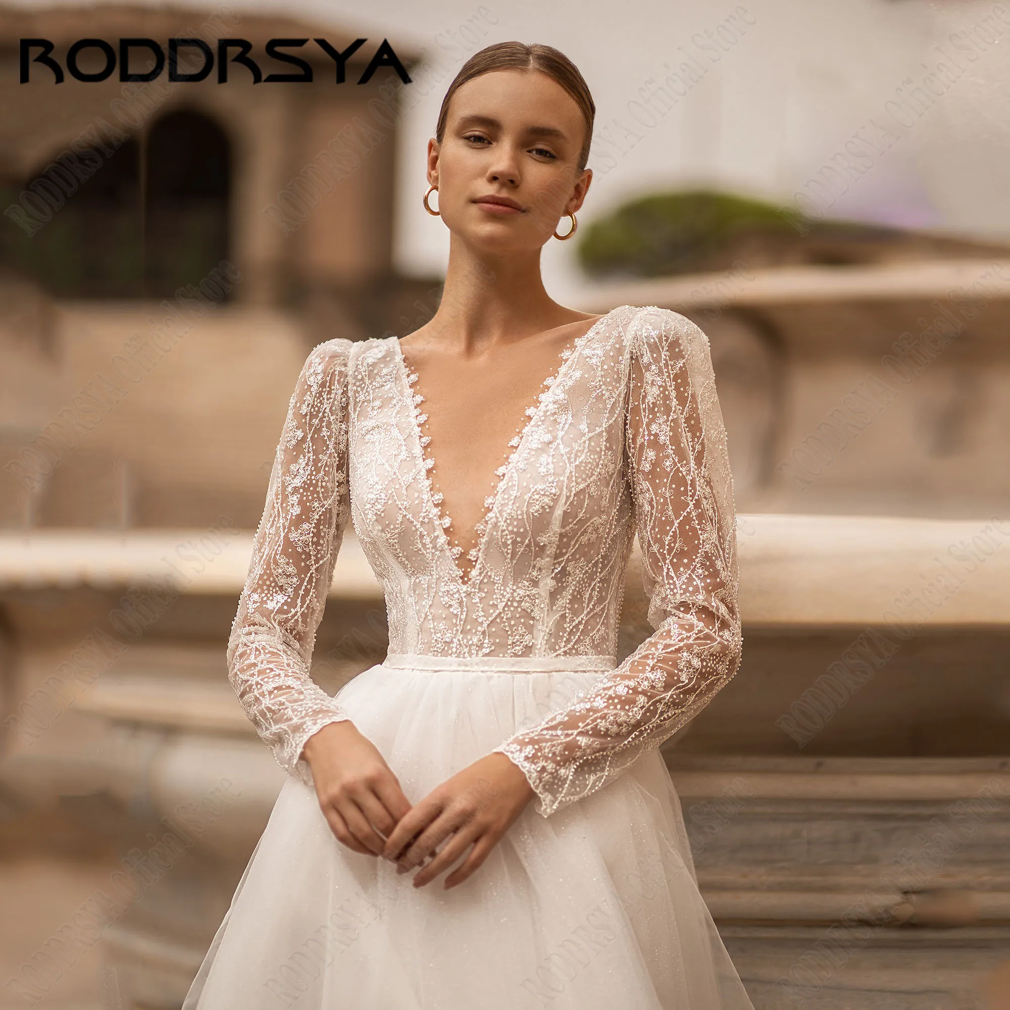 RODDRSYA-vestido de novia de manga larga con Espalda descubierta, traje de boda de lujo con cuello redondo y apliques, personalizado, 2025Roddrsya vestido de novia de manga larga sin espalda 2025 nupcial lujoso vestido