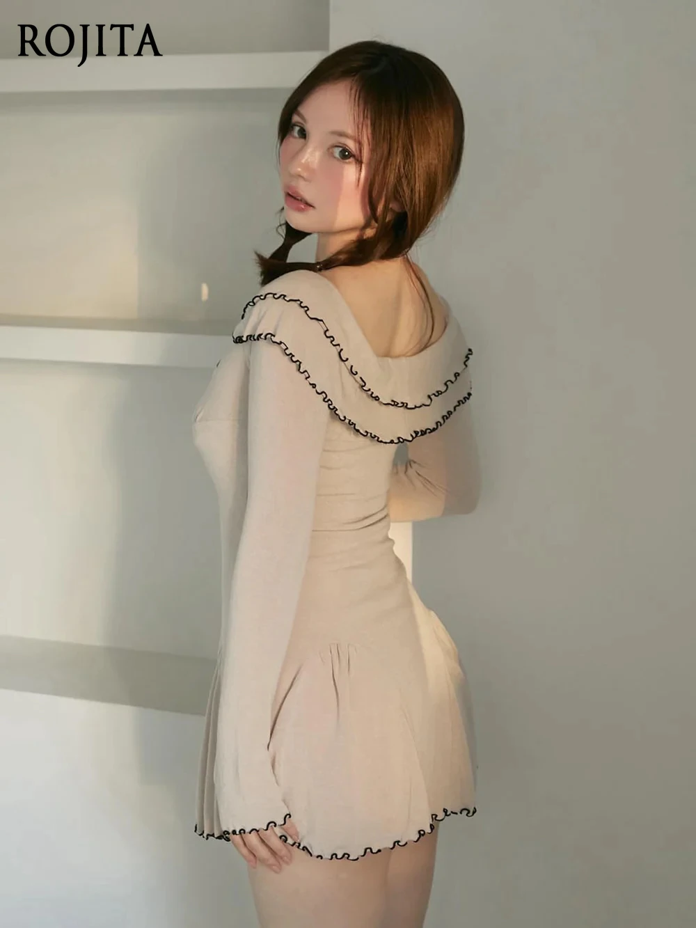 

Apricot Fungus Edge Dress Spring Autumn Japanese Slim Fit Contrasting Color Lace Off-the-shoulder Dress Short Dress for Women