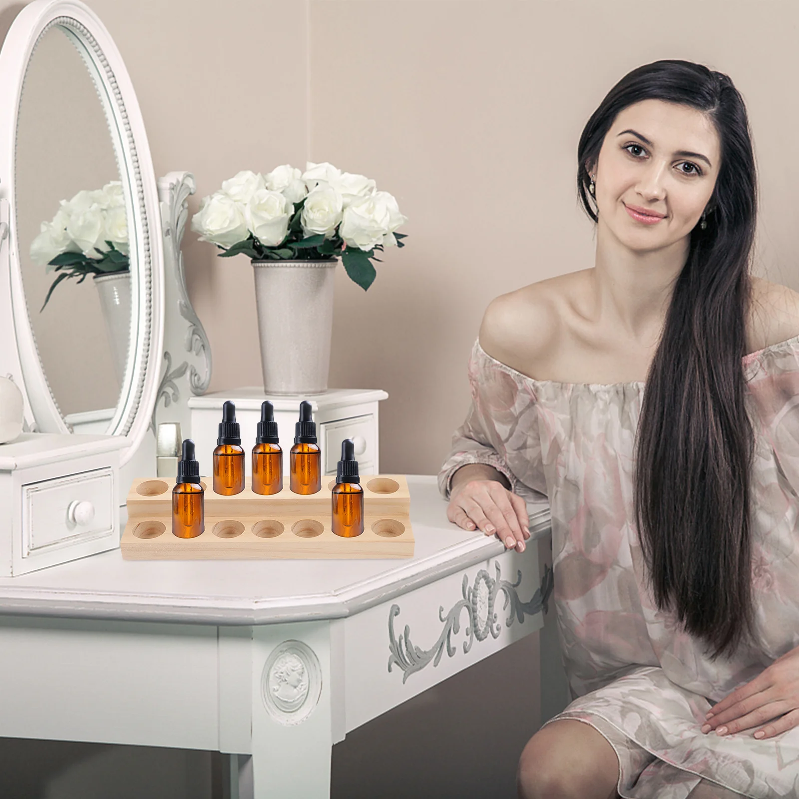 حامل خشبي للزيوت العطرية، حامل عرض منظم مكون من طبقتين، تصميم ثابت ومسطح من الأسفل، متين ومقاوم للضغط #4