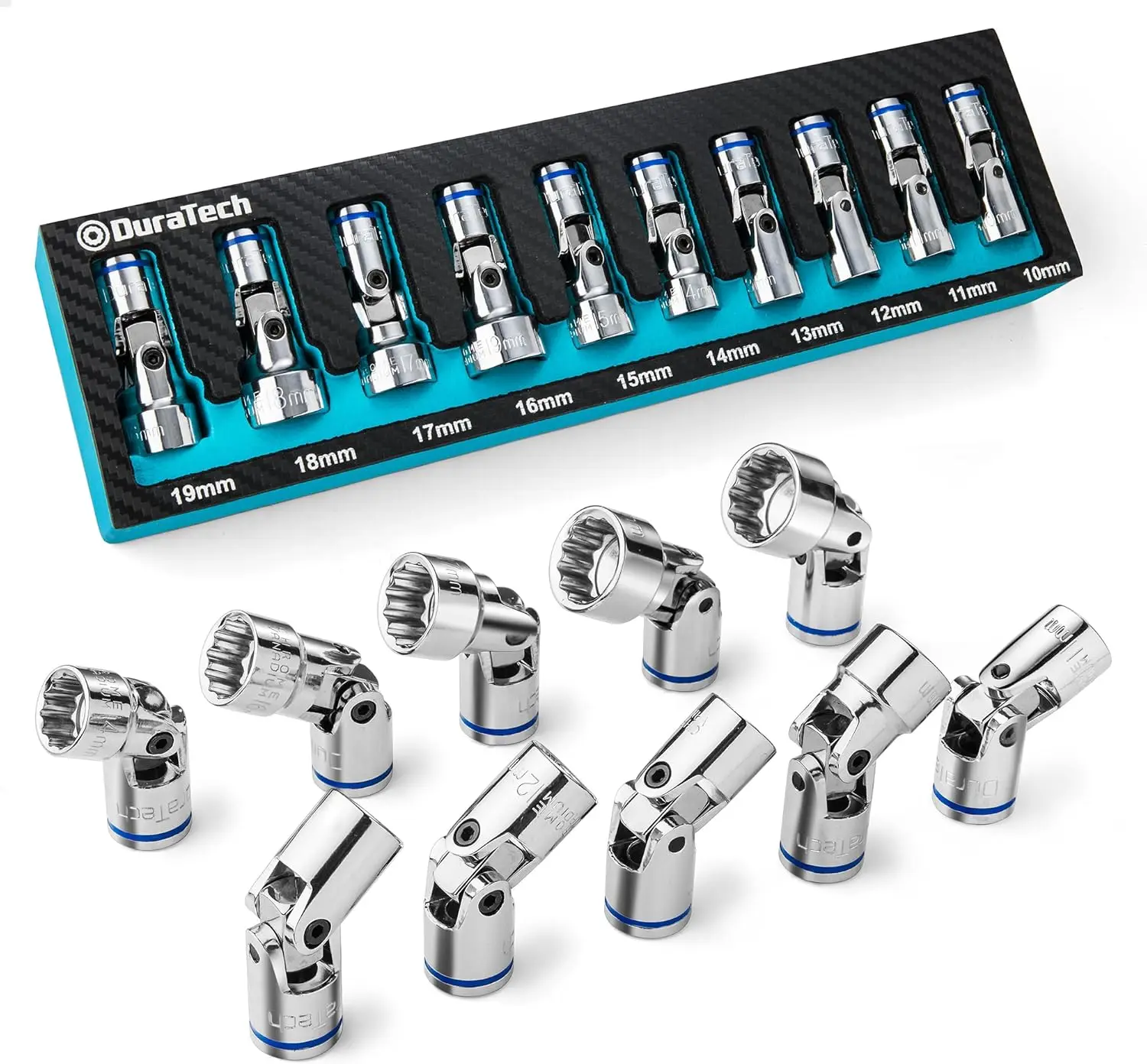 

3/8" Drive Universal Joint Socket Set, 10-Piece Swivel Socket Set Metric 10-19mm, CR-V Steel with EVA Foam Organizer