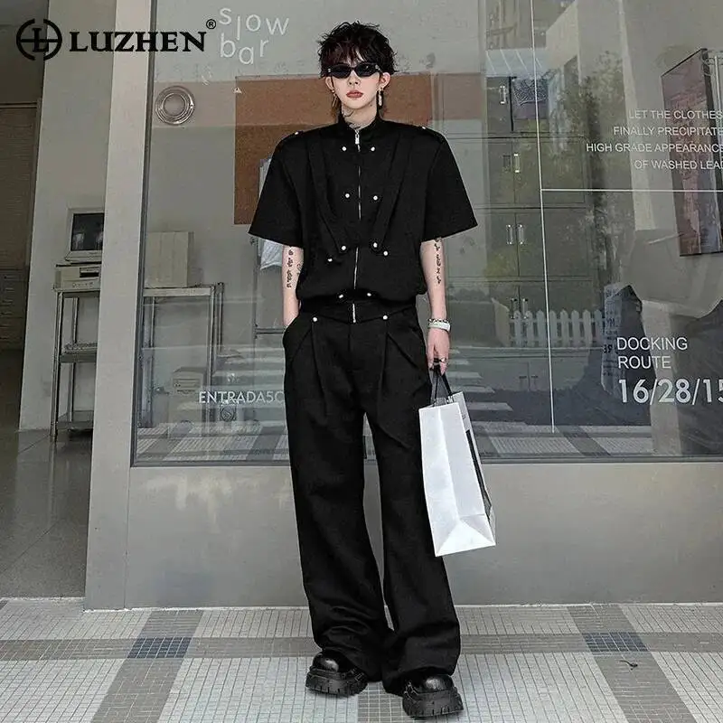 LUZHEN 2026 Summer Fashion Two-piece Sets Men's Handsome Multi Buttoned Decorate Short Sleeve Shirts Loose Casual Pants JY6869