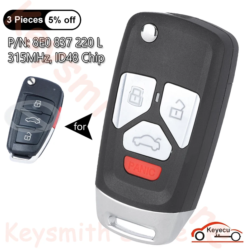 KEYECU 4 przyciski 315MHz ID48 Chip do Audi A3 A4 A5 A6 A8 Q5 Q7 2006-10 Auto Upgraded Flip Remote Key Fob MYT4073A 8E0 837 220 L