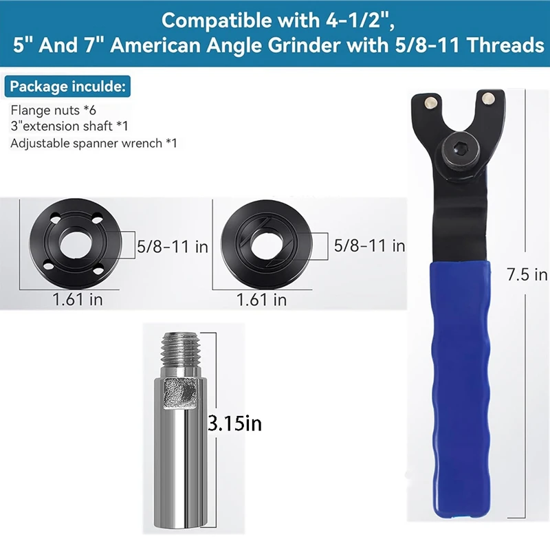 앵글 그라인더 렌치 5/8In-11 앵글 그라인더 연장 샤프트(6Pcs 스패너 플랜지 그라인더 너트 포함) New