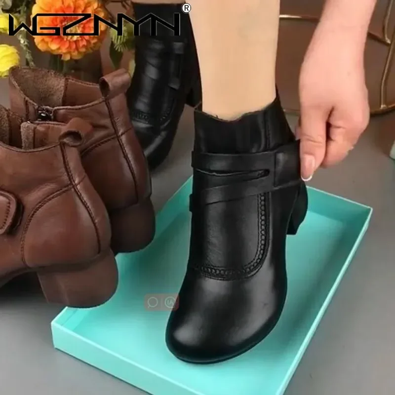 2023 High Quality Women\'s Shoes Autumn Winter Mid-Calf Outdoor Women\' Boots Solid Color Round Toe Buckle Zipper Chunky Heel Shoe