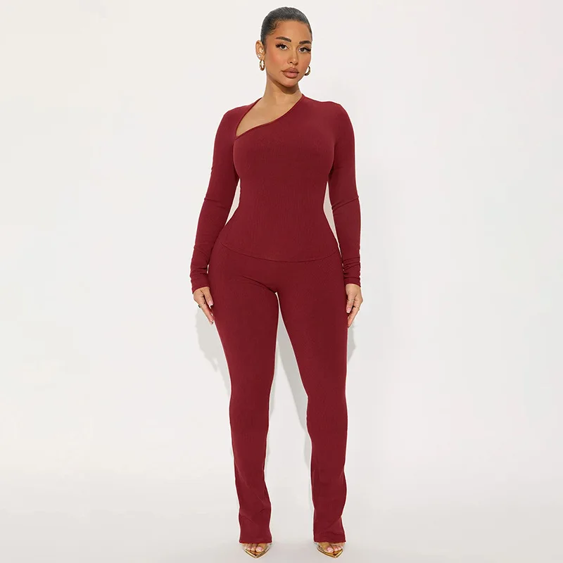 Ribbed 2 Piece Set Inclined V Neck Long Sleee T-shirts Tops + High Waist Pencil Pants Slim Casual Streetwear Womdn Solid Suits