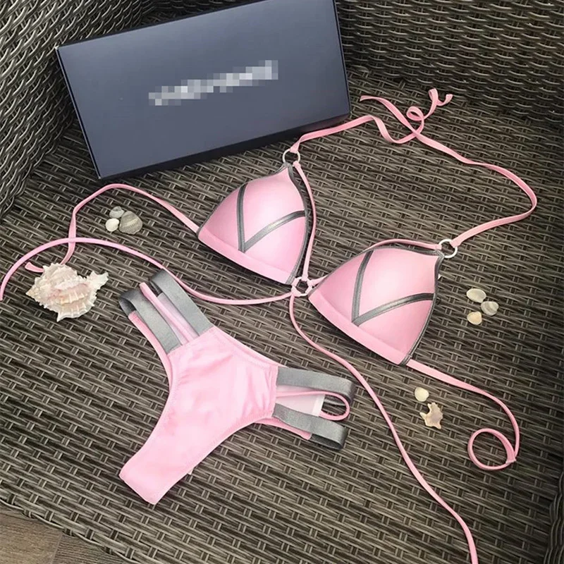 Sexy stringi stringi Bikini Set różowe kobiety Push Up stroje kąpielowe Biquini stanik 2 sztuk strój kąpielowy usztywniany biustonosz kobiet strój