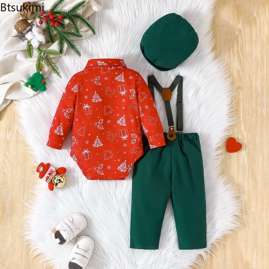 2026 New Year Outfits for Boy Green Necktie Xmas Shirts and Red Overalls Pants Baby Boy Christmas Sets New Year Children Costume