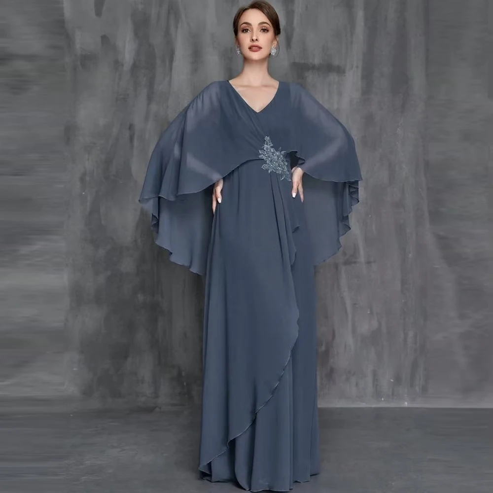 

Customized Long Blue Mother of the Bride Dresses with Cape Lace A-Line Chiffon Floor Length Wedding Party Dresses