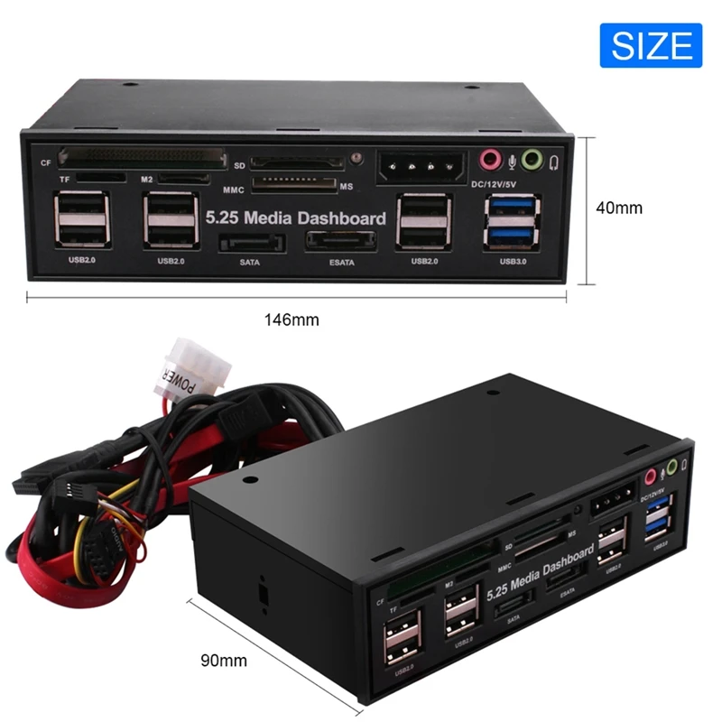 5.25 Inch Media Dashboard with USB 2.0/3.0 E-SATA SATA Multi-Card Reader for Desktops-PZZW